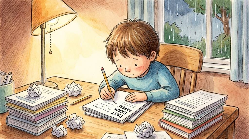 child practicing past exam papers at desk