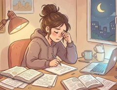 student studying late at night with notes and laptop
