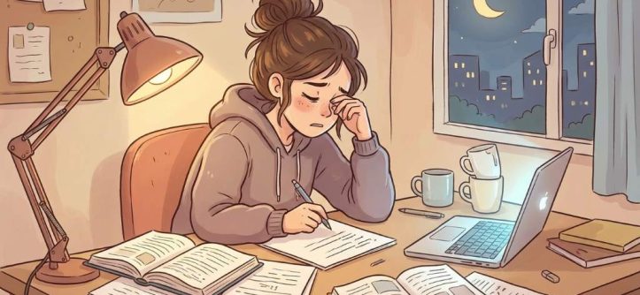 student studying late at night with notes and laptop