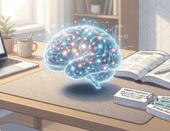 Student studying at a clean desk surrounded by textbooks and digital flashcards