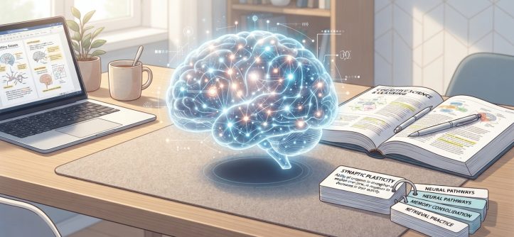 Student studying at a clean desk surrounded by textbooks and digital flashcards