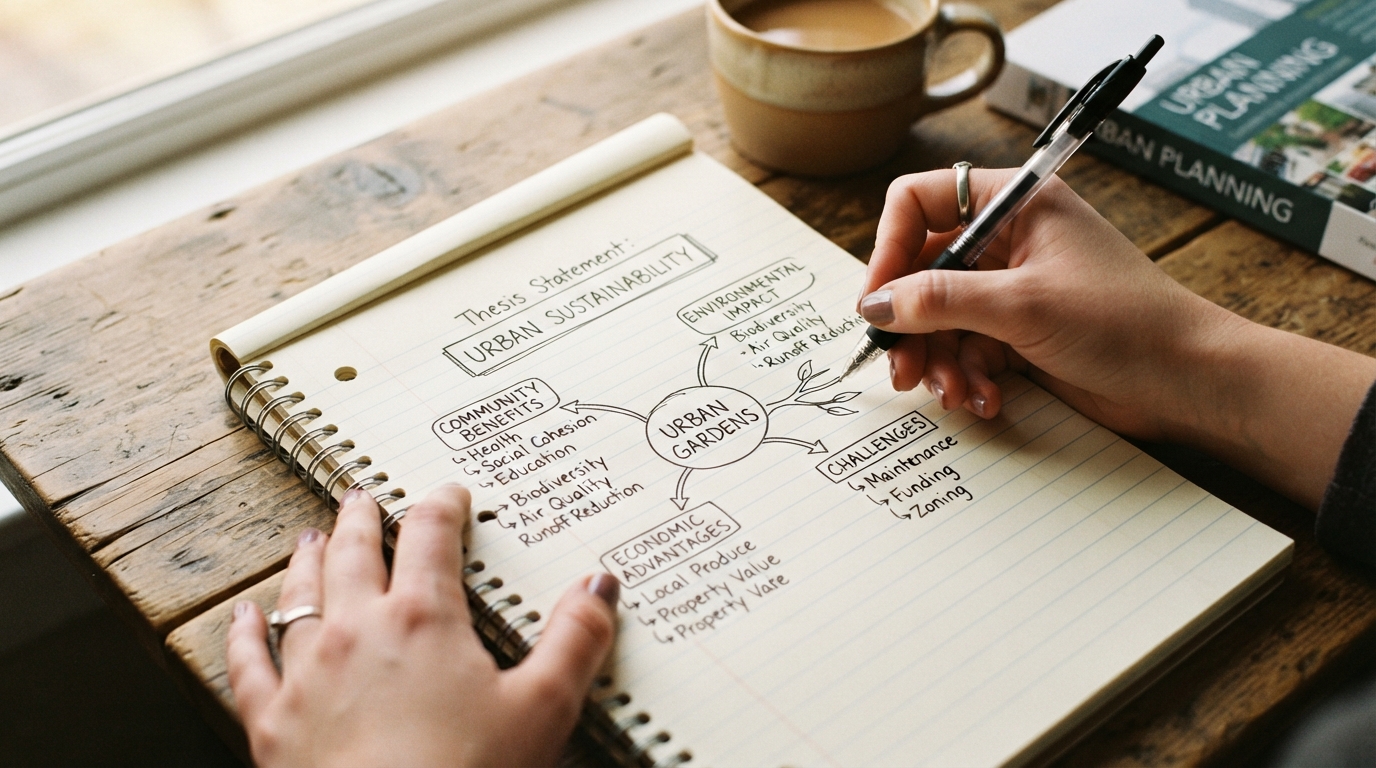 Hands drawing a structured mind map on paper for assignment planning.