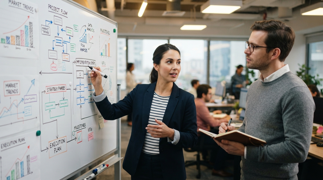 Woman sketching diagram concepts on a whiteboard during a peer teaching session