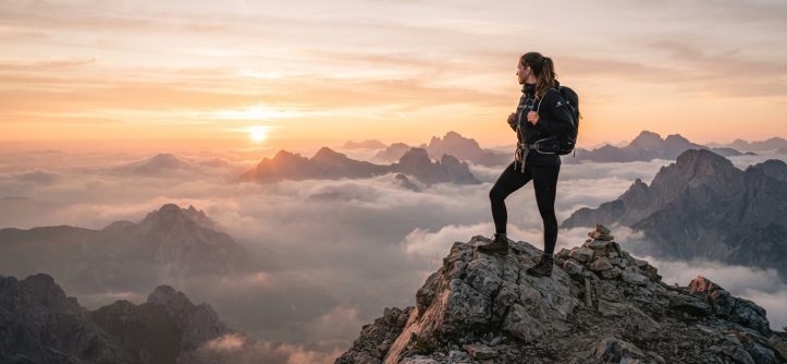 A person standing on a mountain peak watching the sunrise.