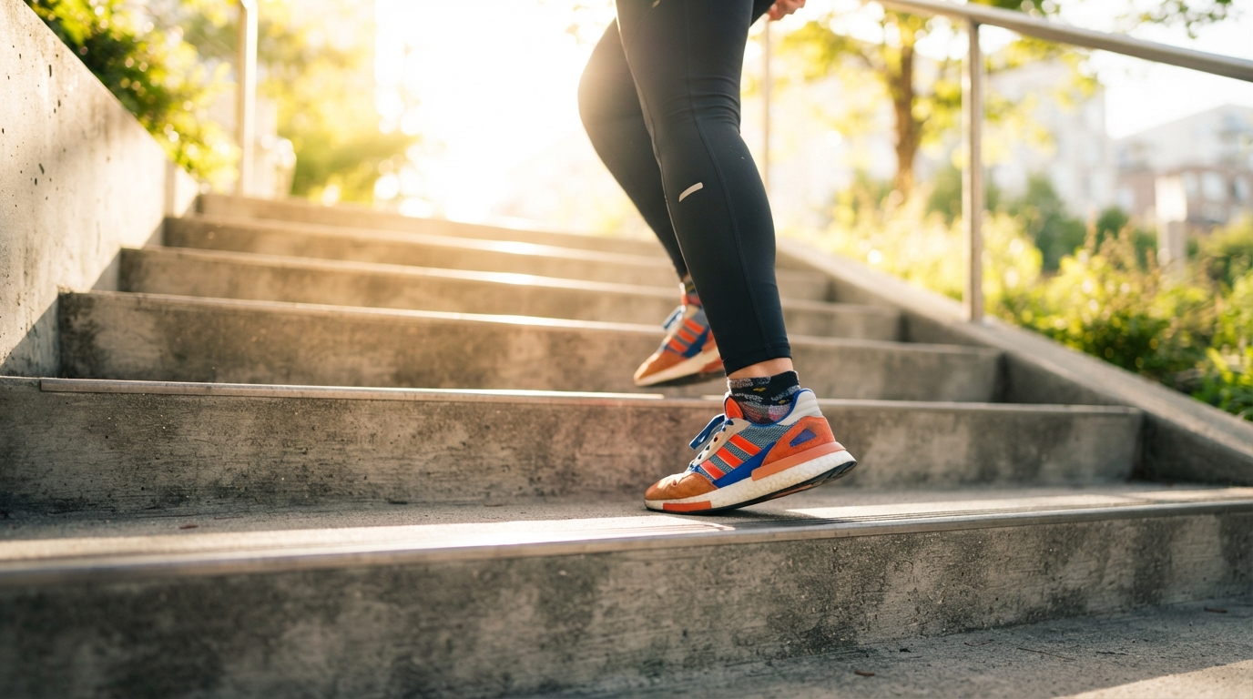 Feet in sneakers stepping up wooden stairs in bright sunlight.