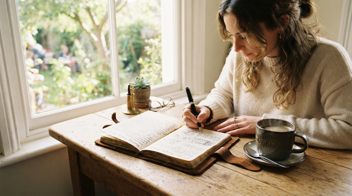 A person writing in a journal near a sunny window.