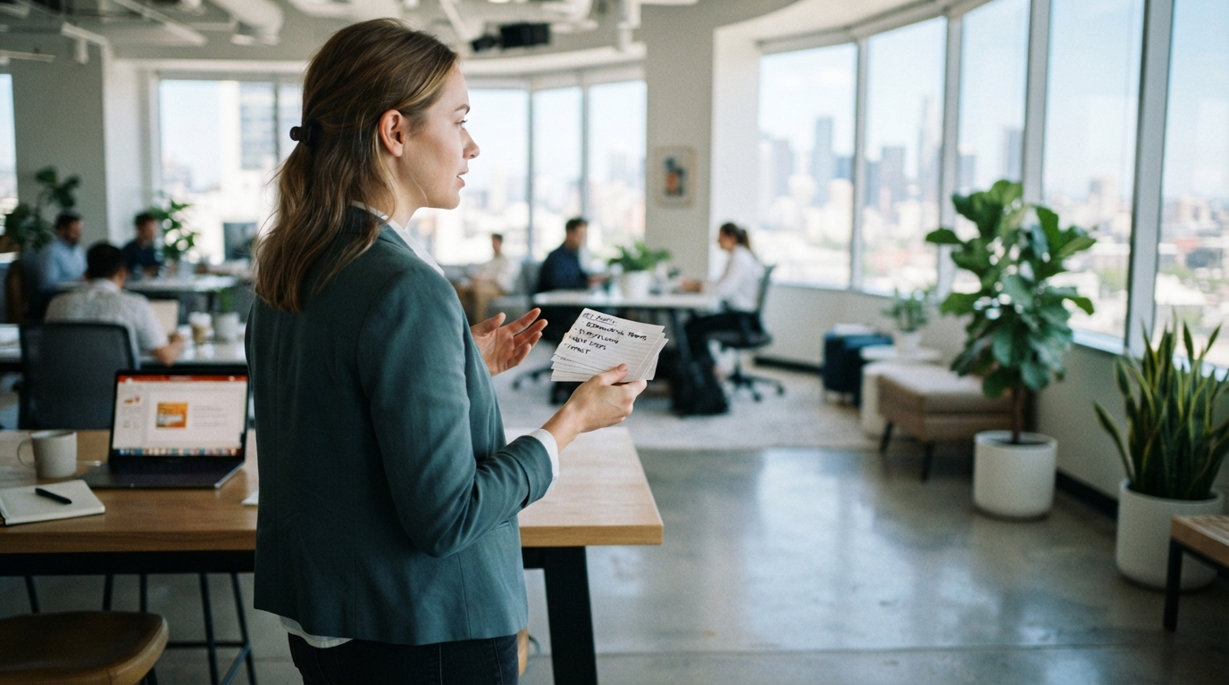 A person rehearsing speech presentation notes using cue cards in a bright office.