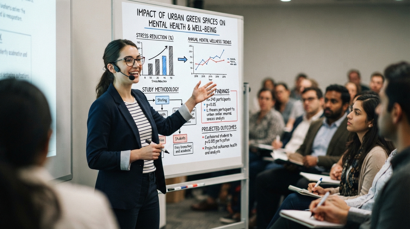 Student presenting research data charts on a board during an academic project review meeting.