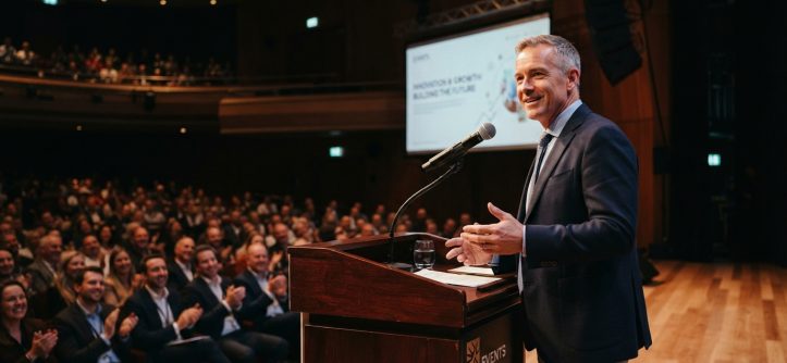 A speaker stands confidently at a podium on stage facing a warm audience.