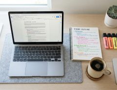 Student reviewing a color-coded essay outline on a clean study desk.
