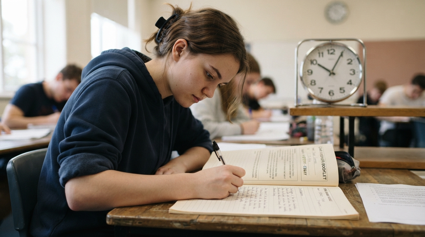 Student writing handwritten exam notes next to an analog desk clock.