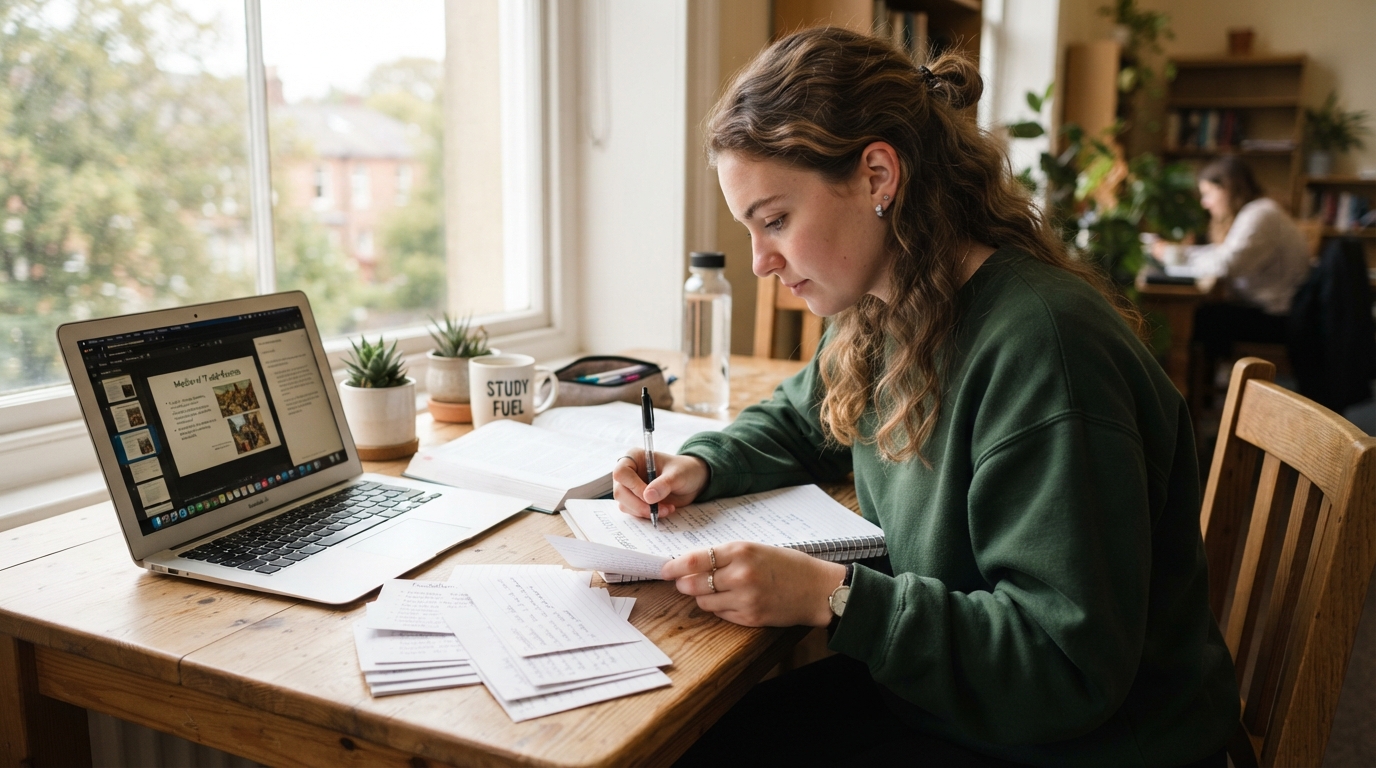 Person writing active recall study notes on a notepad beside a open laptop