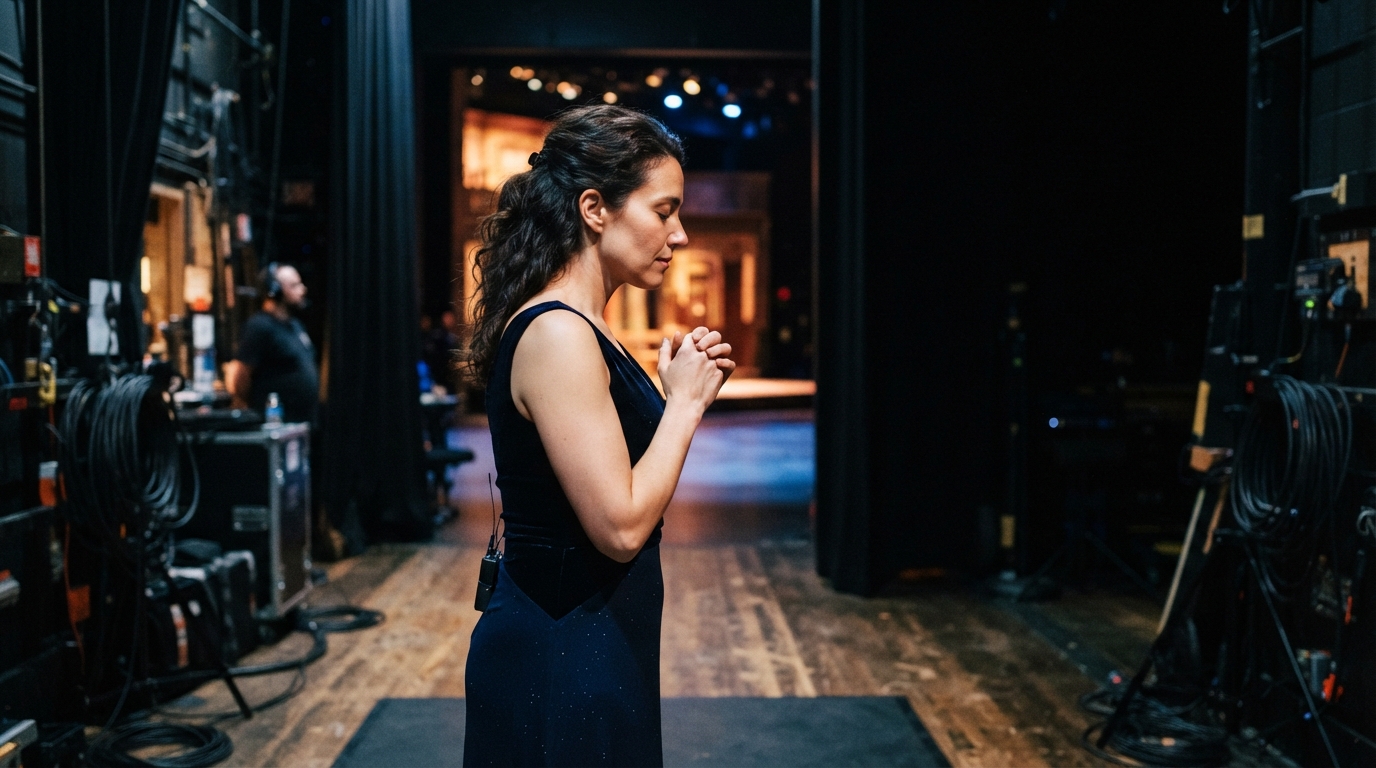 A woman standing backstage taking a deep breath to calm her speaking anxiety.
