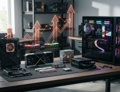 Computer components arranged beside rising price indicators