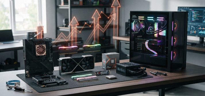 Computer components arranged beside rising price indicators