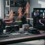 Computer components arranged beside rising price indicators
