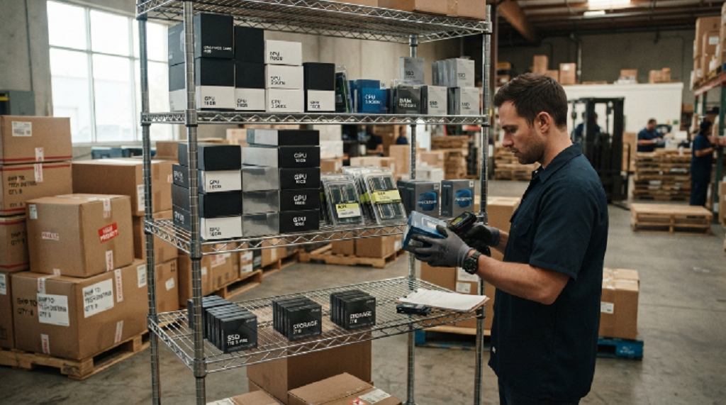 Computer components stacked near shipping boxes in a warehouse