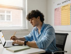 Young male student planning academic roadmap on laptop desk.