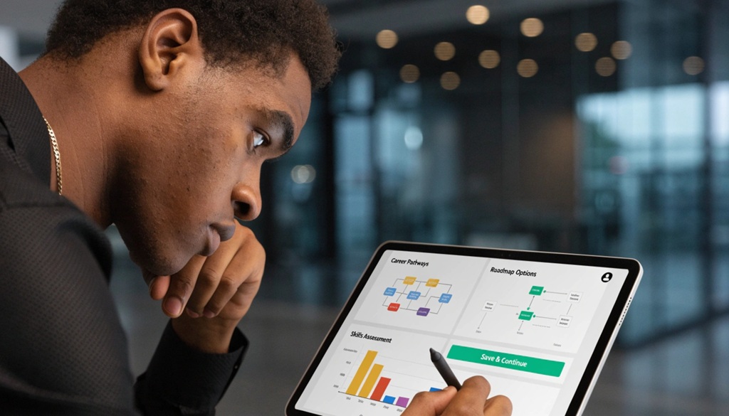 A young male professional reviewing career pathway options on a digital tablet.