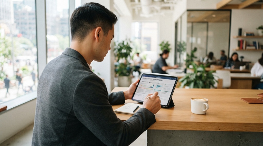 Man reviewing career planning strategy on a tablet at his workstation.