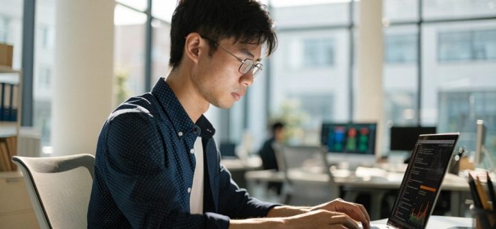 A professional male software engineer working on a laptop in a modern office.