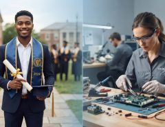 A male university graduate standing next to a male technical diploma holder.