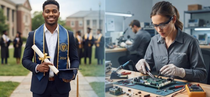 A male university graduate standing next to a male technical diploma holder.