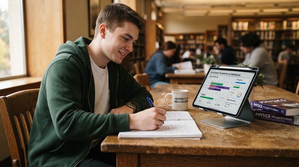 A male student reviewing notes and charts on a desk during career planning.