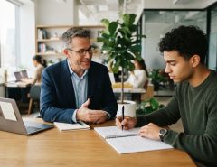 Male career counselor advising a professional man in a bright modern office.