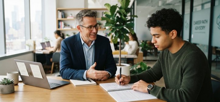 Male career counselor advising a professional man in a bright modern office.