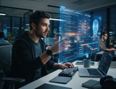 A man working with futuristic holographic artificial intelligence interfaces in a office.