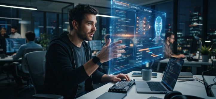 A man working with futuristic holographic artificial intelligence interfaces in a office.