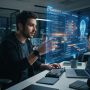 A man working with futuristic holographic artificial intelligence interfaces in a office.