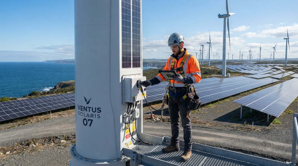 A male engineer wearing a hardhat inspecting renewable energy infrastructure outdoors.