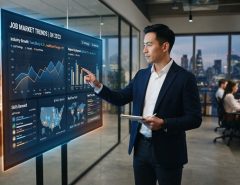 A professional man analyzing job market trends on a modern digital screen.