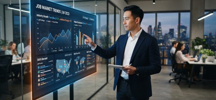 A professional man analyzing job market trends on a modern digital screen.