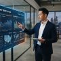 A professional man analyzing job market trends on a modern digital screen.
