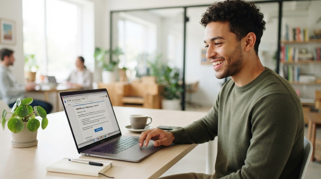 A man looking at employment offers on his laptop at a desk.