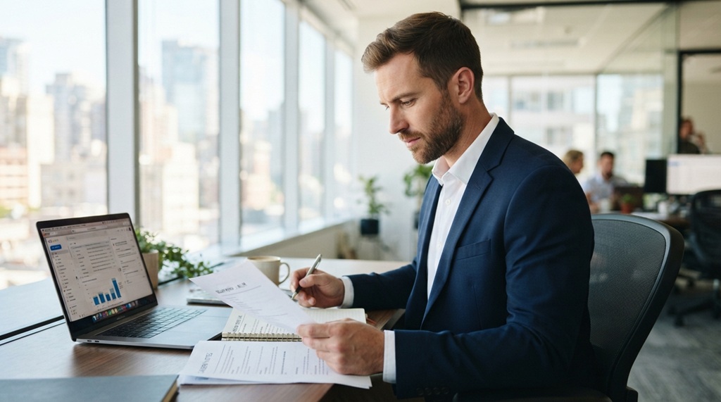 A male professional reviewing career documents next to a laptop in an office.