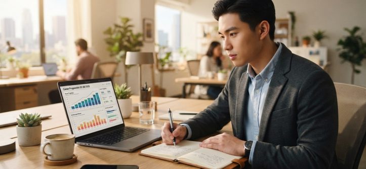 A man taking notes at a desk while looking at career growth charts on his laptop.
