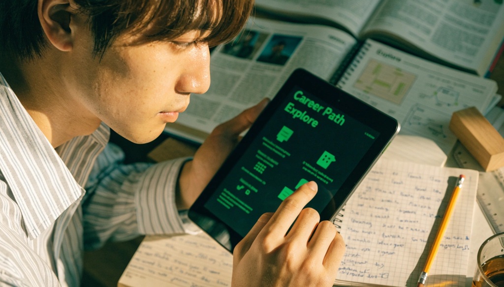 Male student studying degree options on tablet beside open notebooks.