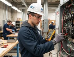 A male electrician testing an electrical circuit board during vocational training.