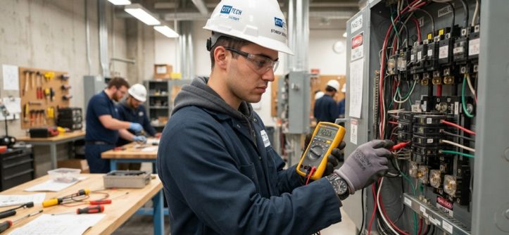 A male electrician testing an electrical circuit board during vocational training.