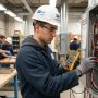 A male electrician testing an electrical circuit board during vocational training.