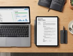 A laptop and tablet on a desk displaying resume checkmarks next to coffee.