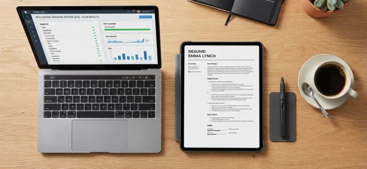 A laptop and tablet on a desk displaying resume checkmarks next to coffee.