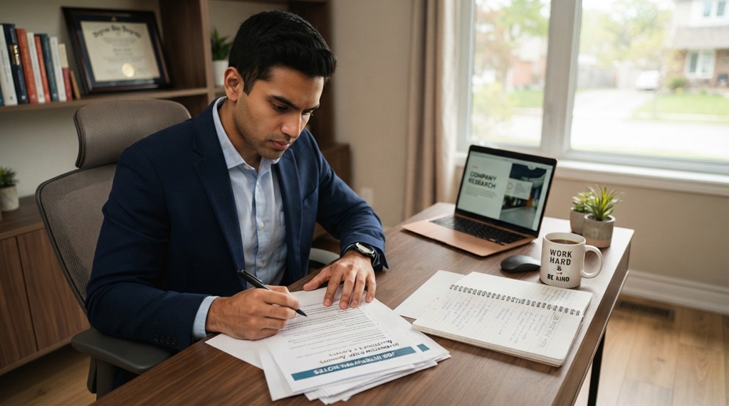 Man sitting at desk reviewing notes to prepare for job interview.