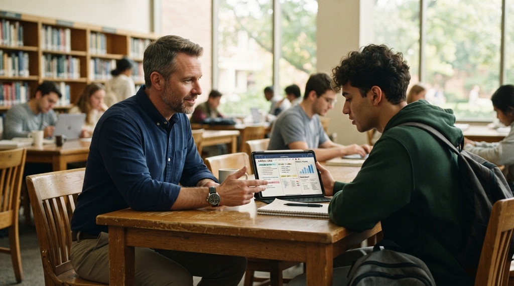 Male mentor and student reviewing academic goals together on tablet.
