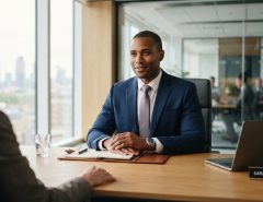 Confident male candidate in executive job interview speaking with hiring panel.