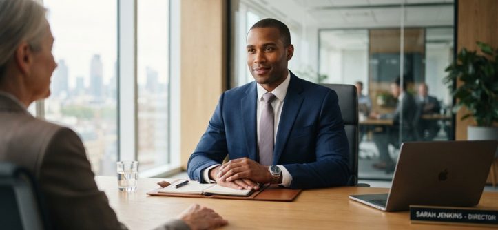 Confident male candidate in executive job interview speaking with hiring panel.